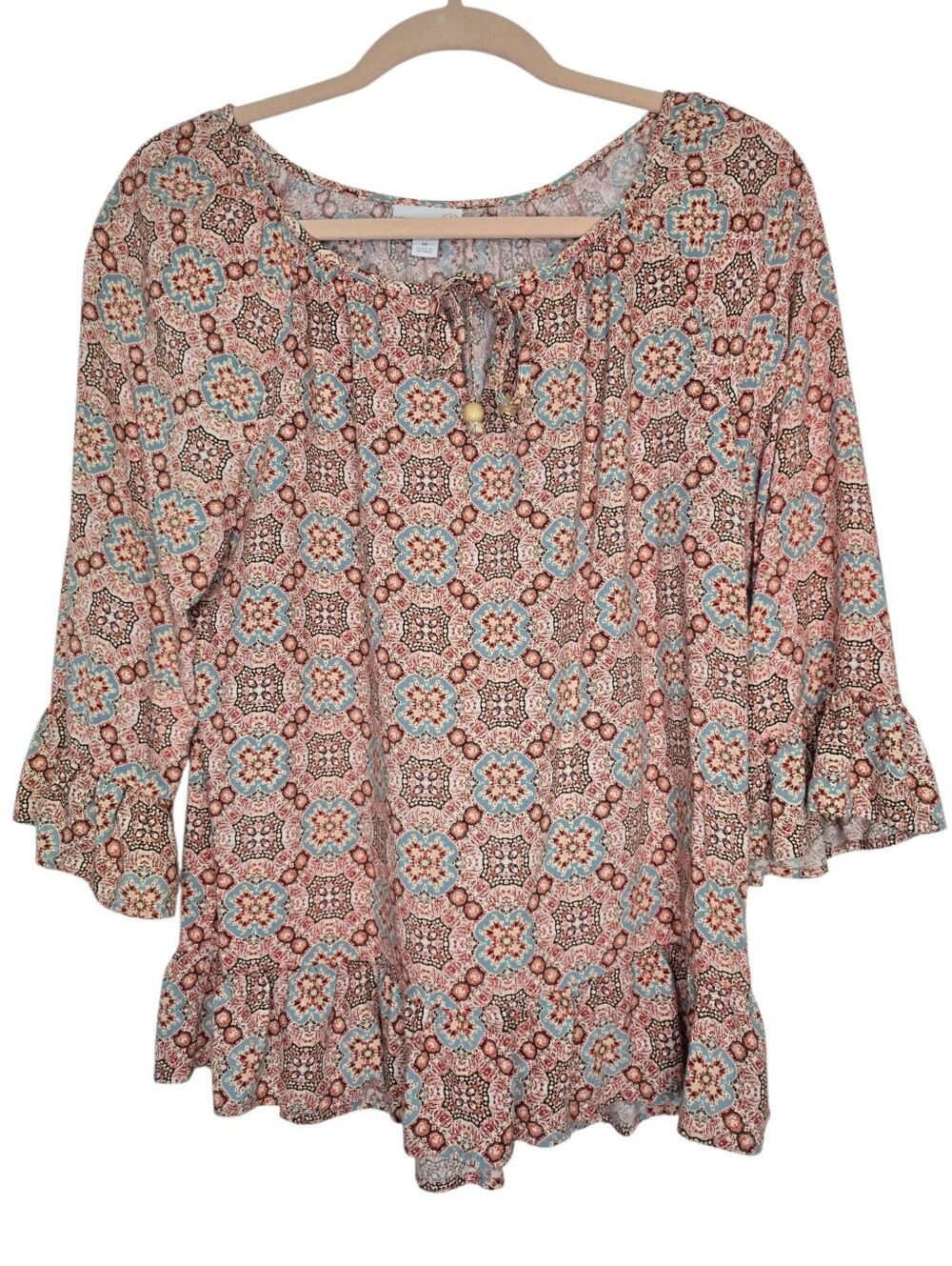 Westport peasant blouse with Tie at Neck and Wood Detail
